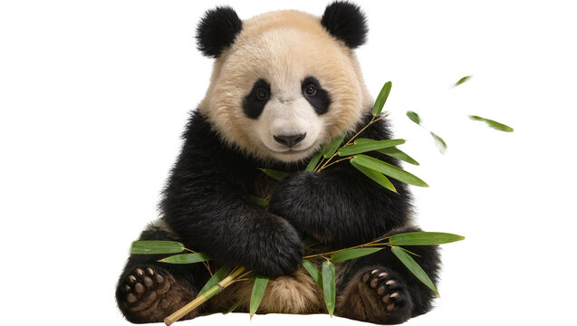 Fluffy giant panda bear holding green bamboo stalks, isolated on transparent background