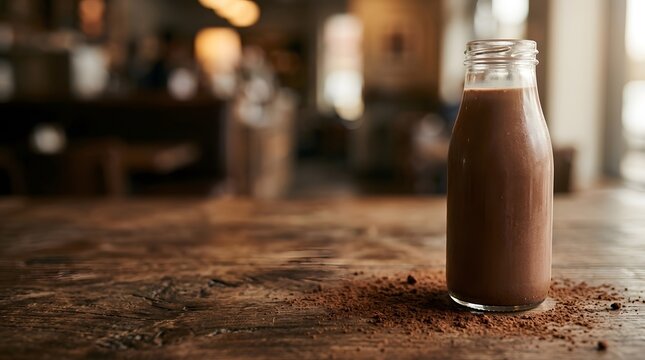 Brown Glass Bottle of Chocolate Milk on Rustic Wooden Bar
