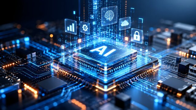 Futuristic AI microchip on a glowing motherboard with digital icons representing artificial intelligence and cloud computing