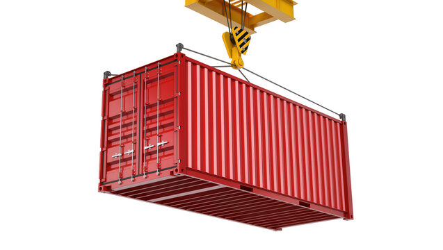 Red shipping container being lifted by a yellow crane hook, isolated on transparent background