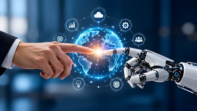 Human hand and robot hand touching a glowing digital globe surrounded by business icons representing global artificial intelligence integration