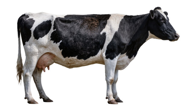 Black and white Holstein Friesian cow with udder, isolated on transparent background