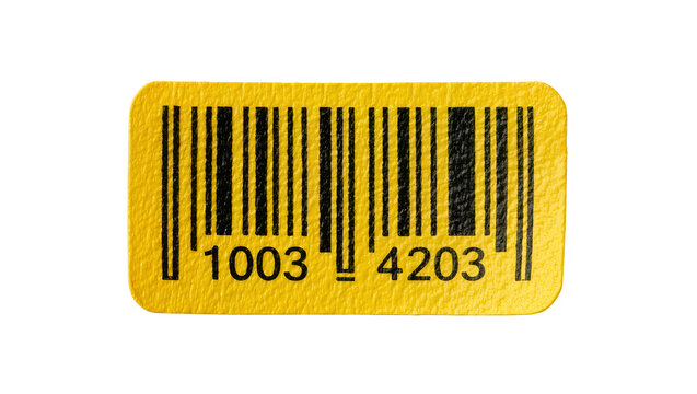 Yellow barcode sticker with numbers 1003 4203, isolated on transparent background