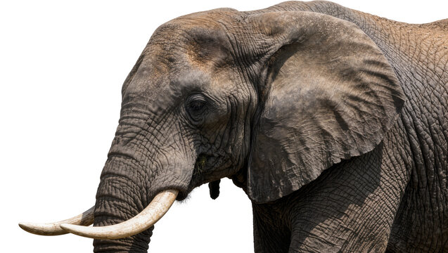 African elephant head with large tusks detailed wrinkled skin, isolated on transparent background