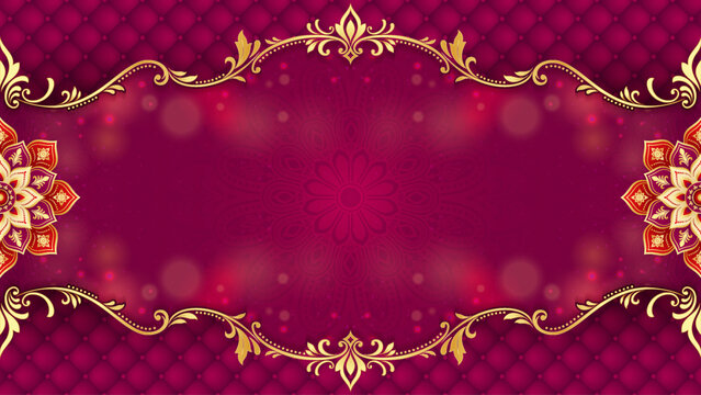 Elegant Magenta Burgundy Vector Background with Golden Ornamental Frame, Floral Mandala Decorations, Quilted Diamond Pattern, Glowing Bokeh and Luxurious Festive Design
