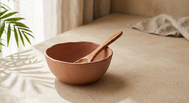 Handmade terracotta ceramic bowl with olive wood spoon on a plaster surface with palm leaf shadows and linen cloth in warm morning light
