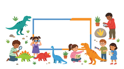 Diverse children explore a world of dinosaurs around a central blank banner, using tools like binoculars and maps in a playful learning scene. © Hulu