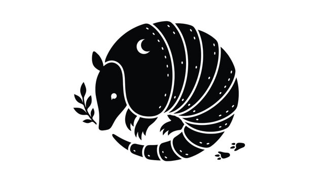 Cute curled armadillo with celestial moon and leaves, monochrome animal vector illustration for wildlife branding, nature artwork and decorative designs