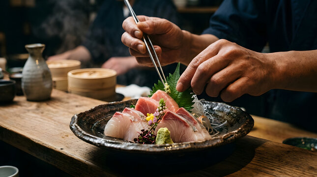 Professional Japanese chef plating fresh sashimi with wooden chopsticks at traditional restaurant