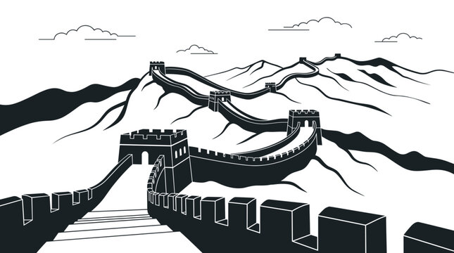 Black and white minimalist vector illustration of the Great Wall of China winding through rolling mountain ridges with iconic watchtowers and stone walls from a low-angle perspective.