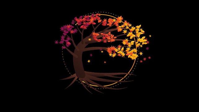 A stylized tree logo featuring autumn leaves and roots inside a circle isolated on a solid black background.