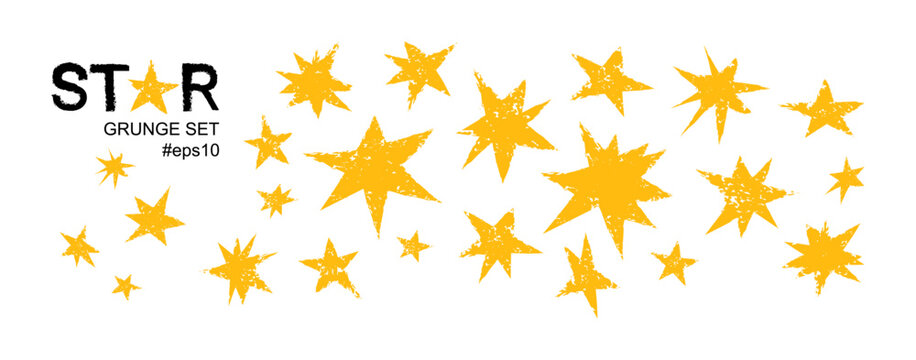 Star crayon hand drawn, pastel doodle sparkle. Cute light sticker, Christmas gold decoration, yellow grunge magic shine. Vintage galaxy collage isolated on white background. Space vector illustration