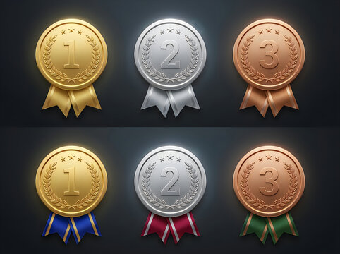 Set of gold, silver, and bronze award medals with ribbons, realistic 3d icons for competition winners, ranking badges for sports or achievement events