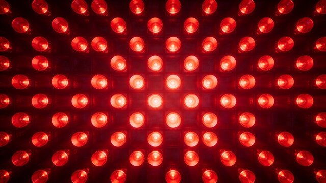 Vibrant red LED grid pattern with symmetrical glowing dots creating futuristic digital backdrop