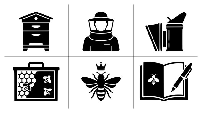 Beekeeping icons set with hive, beekeeper, smoker, honeycomb, queen bee and notebook for apiary business