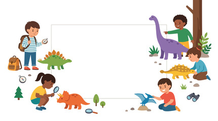 Diverse children play with various dinosaur toys and exploration gear around a large white blank frame, sparking imagination and discovery. © Hulu