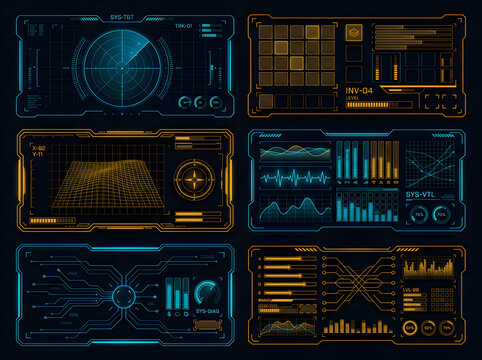 Futuristic hud interface elements set with digital radar, data charts, and technical diagnostic panels for scifi user interface design and gaming graphics