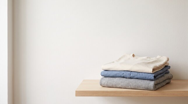 Neatly folded stack of cotton and wool clothing in neutral and blue tones on a wooden shelf against a clean white wall