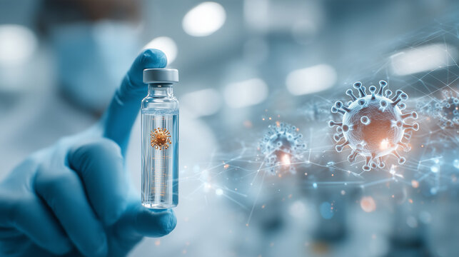 Clear vaccine vial held by a gloved hand against a blue scientific background with floating virus particles and network graphics, illustrating immunization and infectious disease research.