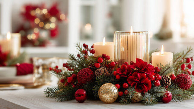 Elegant Christmas centerpiece with glowing candles, red poinsettias, evergreen branches, berries and gold ornaments on a festive table, creating a warm seasonal atmosphere.