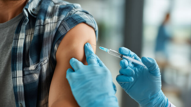 Close-up of a male patient receiving an injection in the upper arm from a medical professional wearing blue gloves, representing adult vaccination and preventive healthcare.