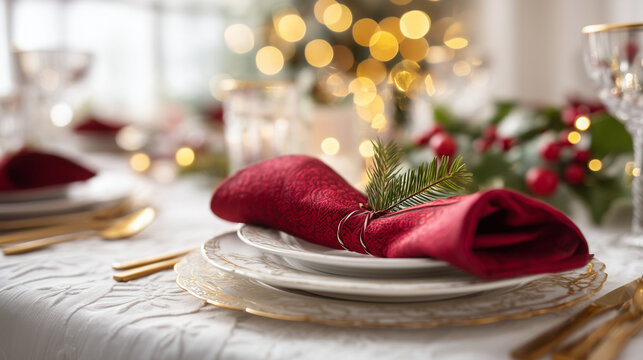 Elegant red cloth napkin with evergreen sprig on a luxury Christmas table setting, featuring gold cutlery, white plates and warm festive bokeh lights in the background.