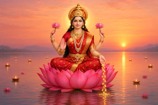 Peaceful devi lakshmi gracefully sitting on a beautiful pink lotus floating over calm sunset river waters for divine kojagori lakshmi puja worship