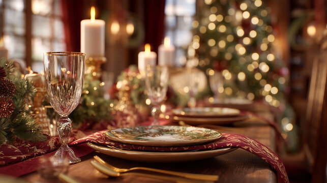 Elegant Christmas dinner table with crystal glassware, decorative plates, golden cutlery, glowing candles and rich red linens, creating a warm and luxurious holiday atmosphere.