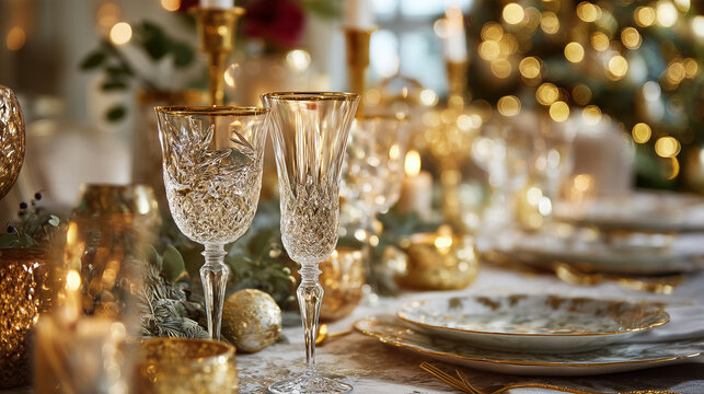 Luxury crystal wine glasses with intricate cut glass details on an elegant Christmas dining table, surrounded by golden ornaments, evergreen branches and warm festive lights.