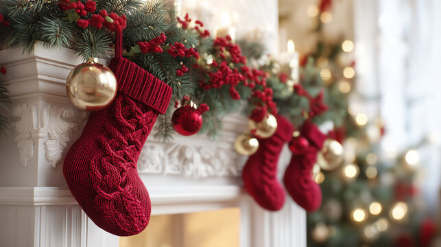 Red knitted Christmas stockings with fluffy white cuffs hanging from an ornate white fireplace, decorated with evergreen branches, red berries and golden ornaments beside a glowing Christmas tree.