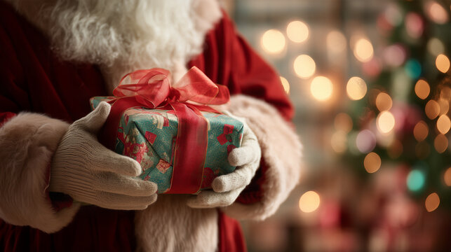 Close-up of Santa Claus holding a beautifully wrapped Christmas gift with a red ribbon, wearing cream knit gloves and a classic red velvet suit against a warm festive bokeh background.