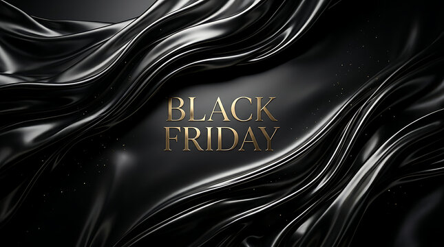 Elegant Black Friday Sale Banner with Golden Text on Glossy Wavy Silk Fabric Background