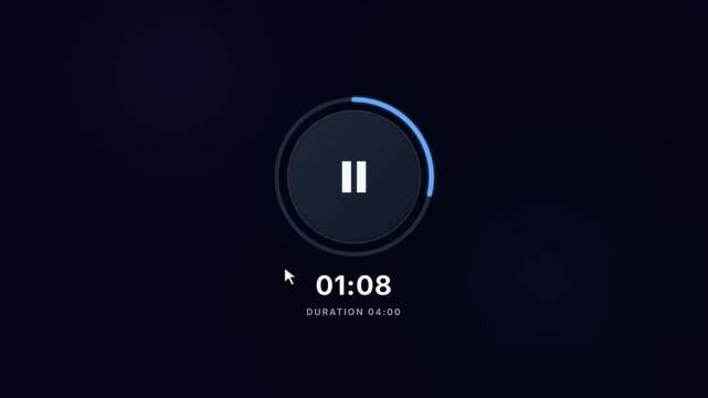 Modern audio and video player interface design with pause button and circular progress timer