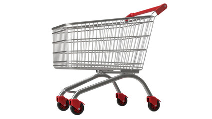 Shiny metal shopping cart with red handle and wheels, isolated on transparent background © Viktor