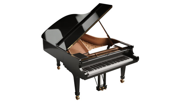 Glossy black grand piano with open lid and wooden interior, isolated on transparent background