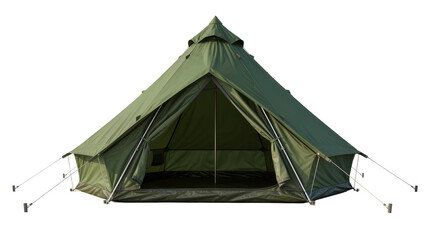 Green canvas bell tent with open entrance poles and guy ropes, isolated on transparent background © Viktor