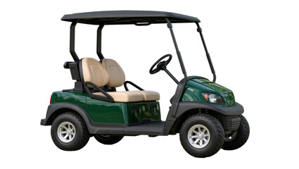 Green two-seater golf cart with beige seats, isolated on transparent background © Viktor