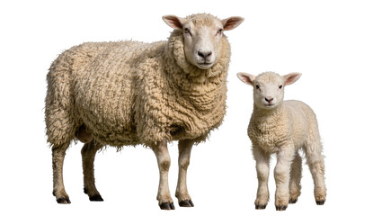 Fluffy wool sheep and cute lamb standing together, isolated on transparent background © Viktor