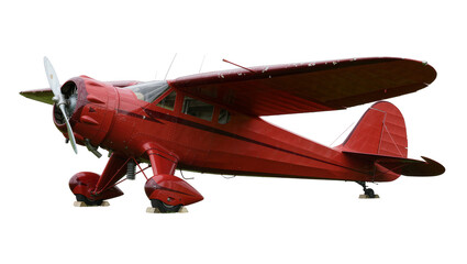 Vintage red propeller airplane with landing gear, isolated on transparent background © Viktor