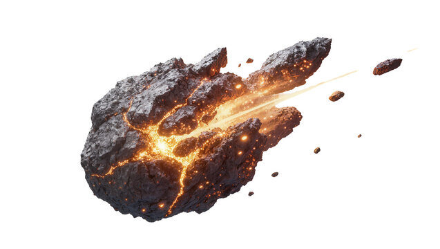 Fiery molten asteroid fragment with glowing cracks, isolated on transparent background