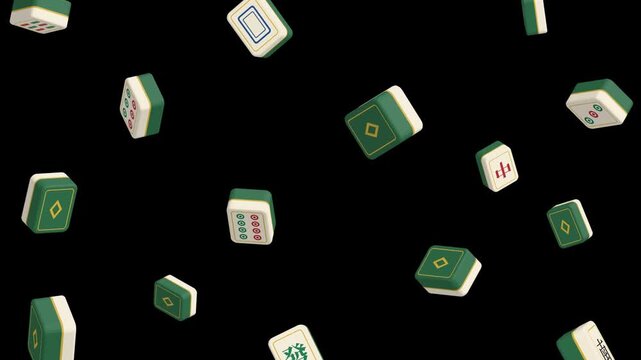 Isometric mahjong tiles tumbling in gold and jade, seamless loop