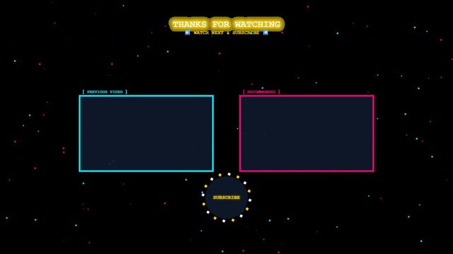 Clean retro arcade pixel art gaming end screen overlay with clean video preview frames and fitted subscribe channel slot.