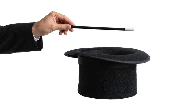 Man s hand in suit holding magic wand over black top hat, isolated on transparent background