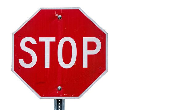 Red octagonal stop sign with white lettering, isolated on transparent background