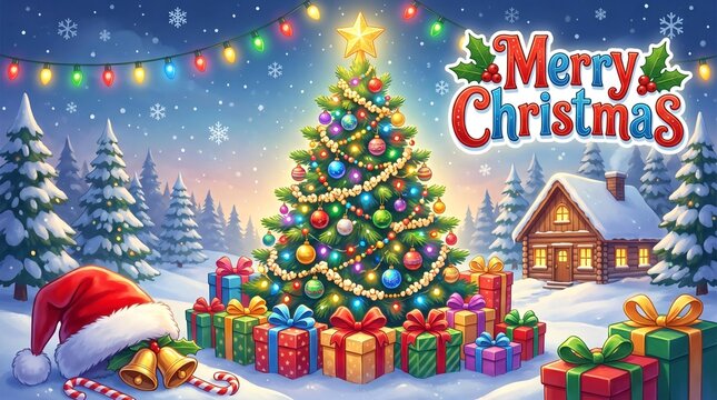 Christmas Tree with Festive Decorations on Snowy Winter Landscape, Holiday Celebration, Xmas Greeting Card, New Year Season, Star, Ornaments and Gifts ...