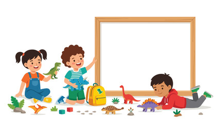 Three happy children playing with several colorful dinosaur toys on the floor next to a large blank wooden frame whiteboard. © Hulu
