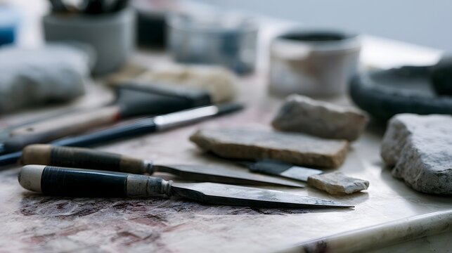Close up of stone carving tools and chisels resting on a workbench with rocks and dust  showing craftsmanship in resto n or sculpture