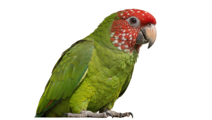 Green parrot with red and white speckled head, isolated on transparent background © Iura