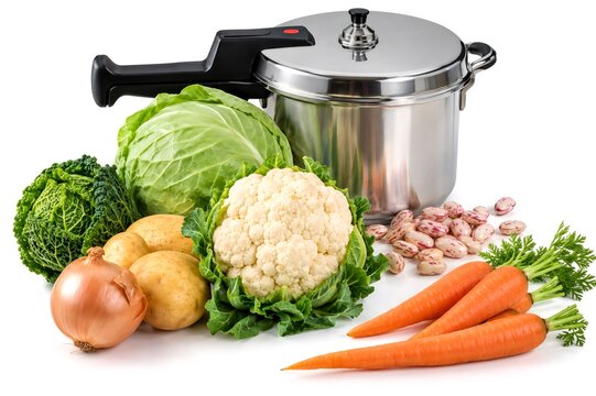 Pressure cooker with fresh vegetables and beans for healthy cooking