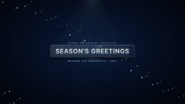 Refined frosted glass plate with embossed platinum Seasons Greetings text surrounded by frost, sophisticated corporate holiday card and luxury winter greeting on midnight blue backdrop